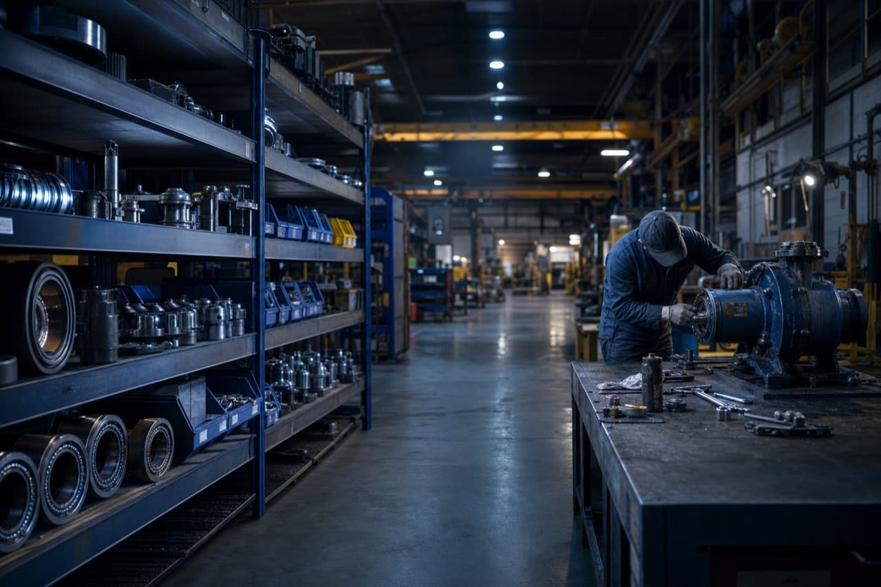 Industrial MRO parts storeroom with organized shelves and a maintenance bay in the background