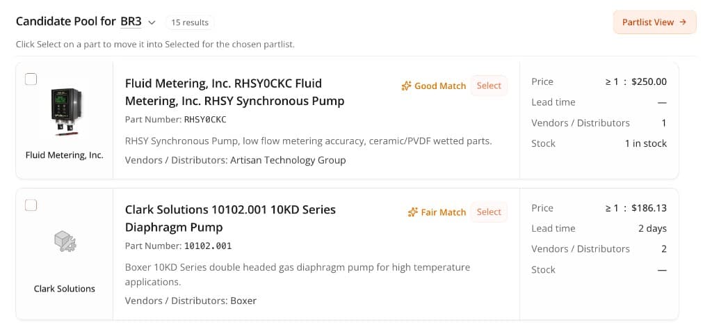 Kipo candidate pool showing matched suppliers with price, lead time, and stock