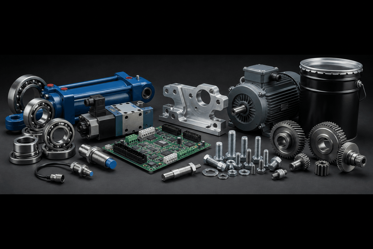 Wide variety of industrial parts including bearings, hydraulics, electronics, fasteners, and custom machined components